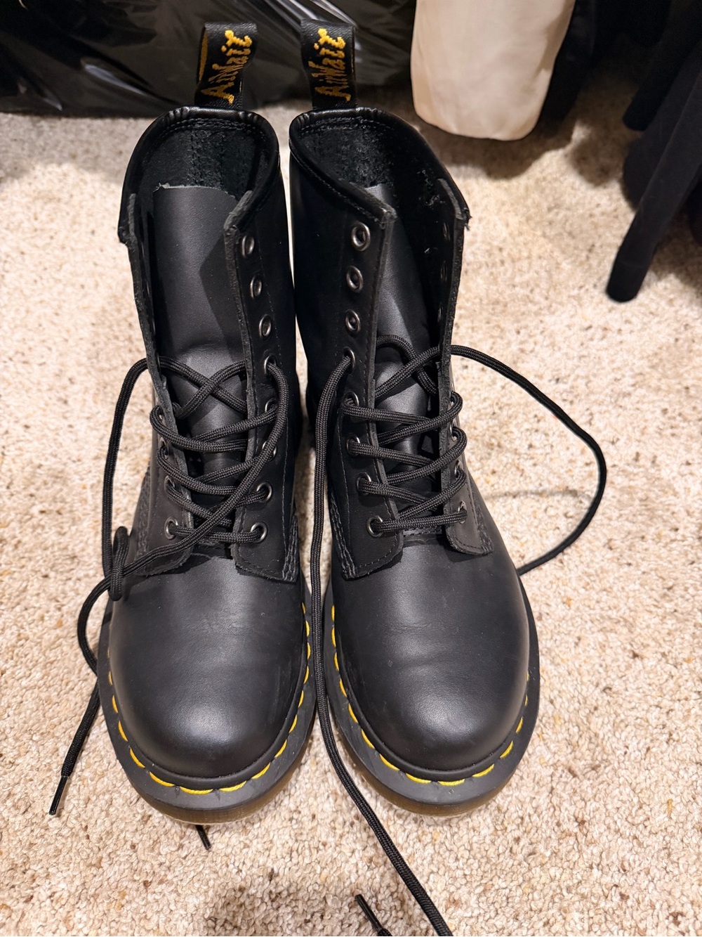 Dr. Martens Black Leather Lace-Up Boots with Yellow Stitching